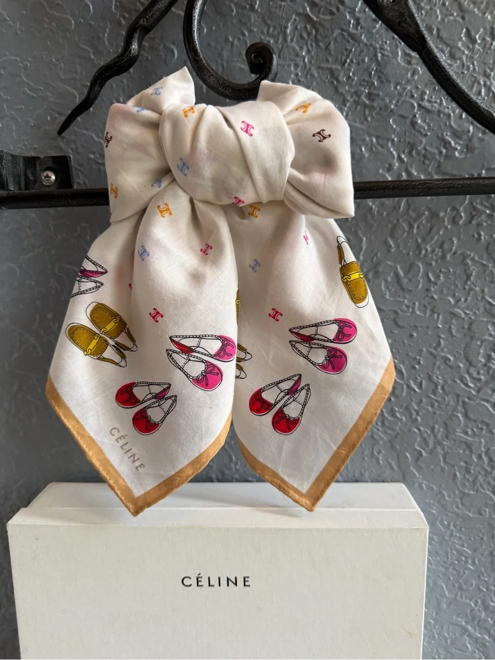 Céline Macadam Blazon White Cotton Square Scarf Whimsical Shoes Print